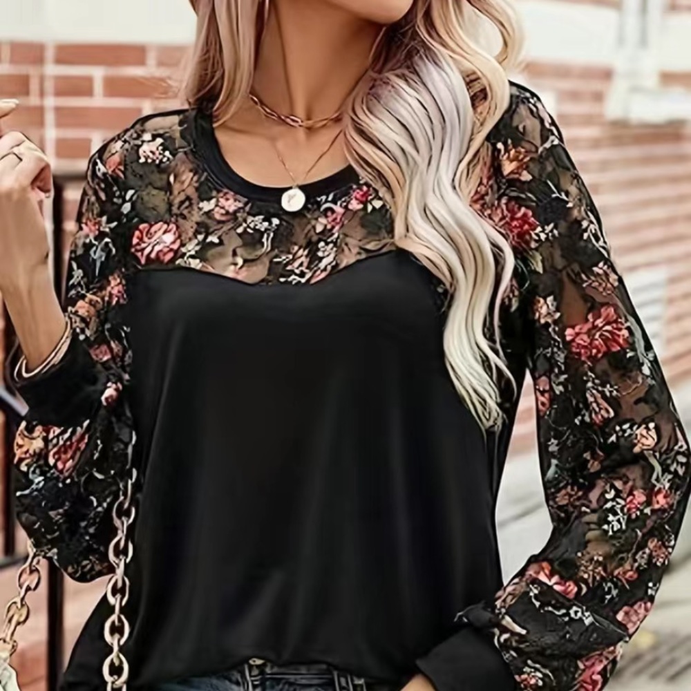 Floral Pattern Mesh Stitching Lantern Long Sleeve Blouse